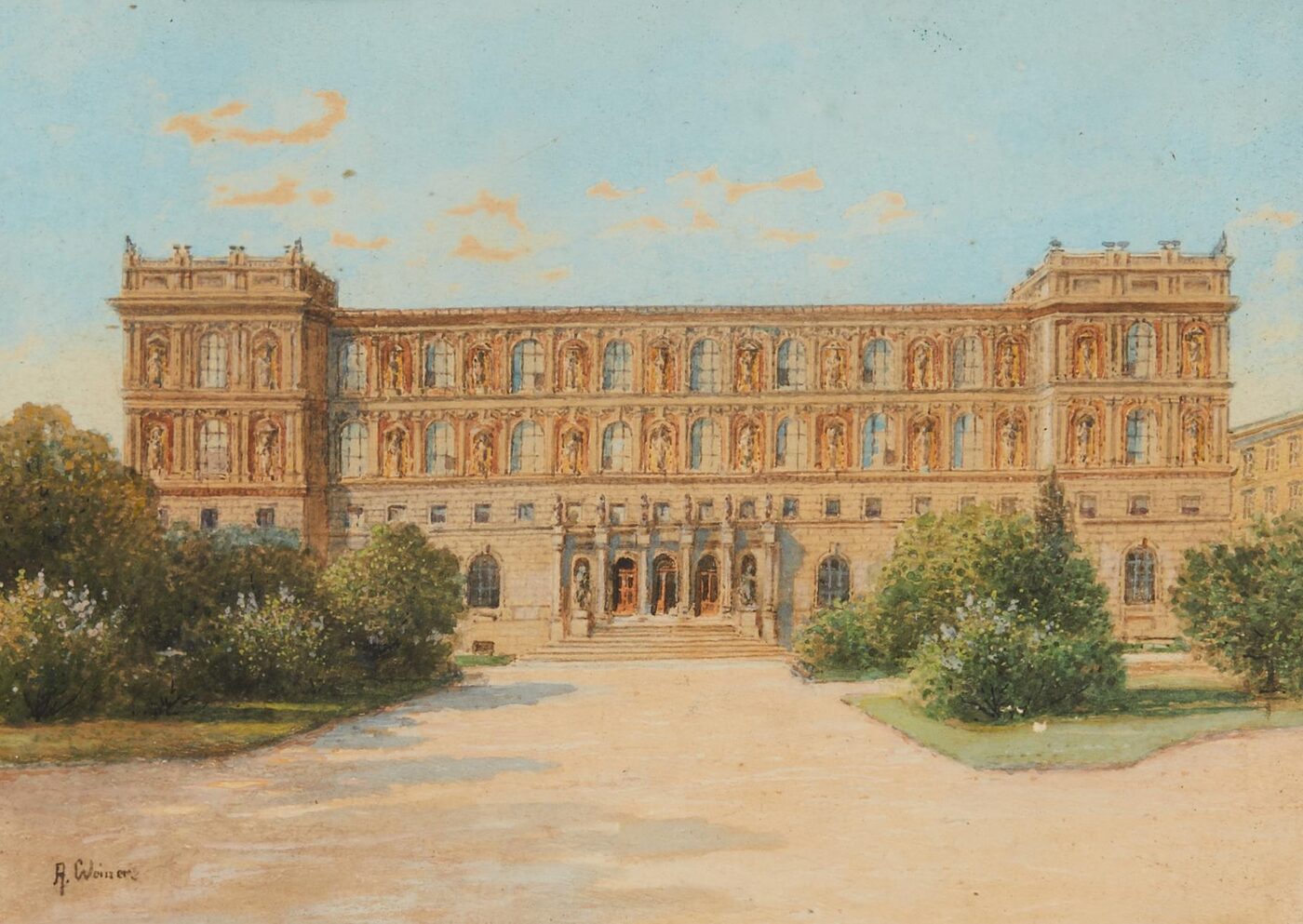 Acuarela del siglo XIX de la fachada de la Academia de Bellas Artes de Viena, con jardines al frente.