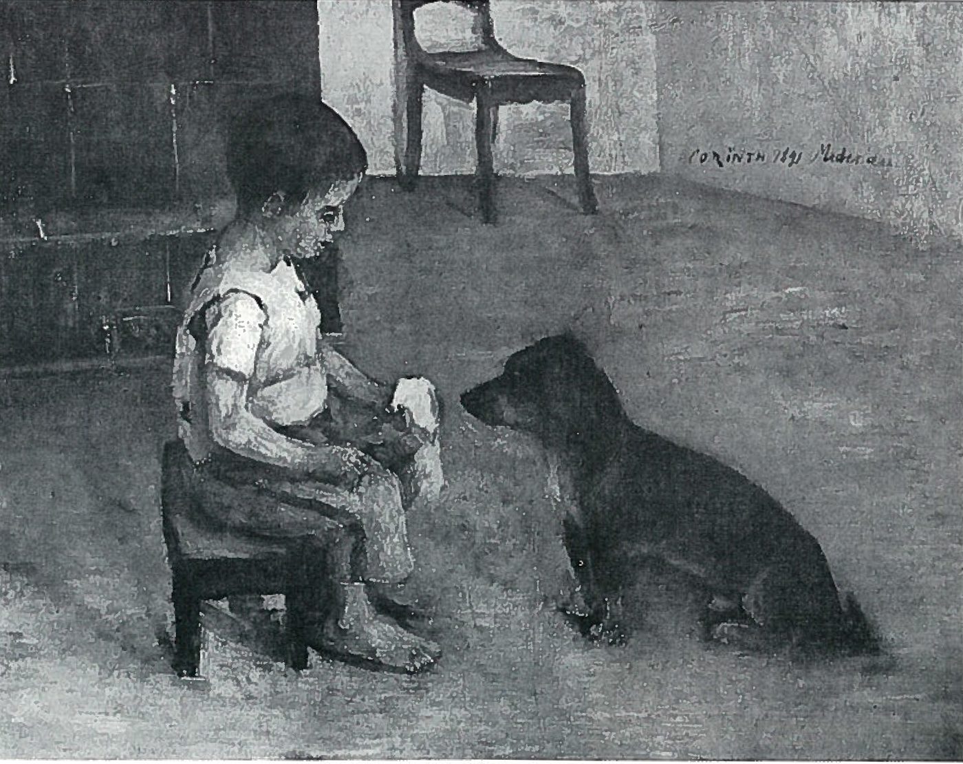 Pintura en blanco y negro de Lovis Corinth: un niño come pan con mantequilla mientras un perro mira.