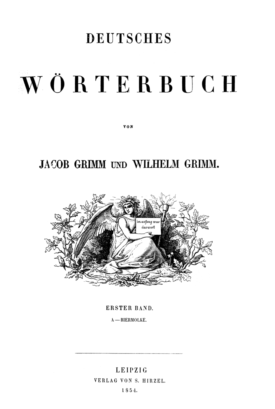 Portada del primer tomo del Diccionario alemán de los hermanos Grimm, impresa en 1854 en Leipzig.