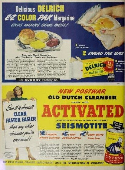 Anuncio de revista de 1948 con margarina Delrich y un limpiador de cocina Old Dutch en la misma página.