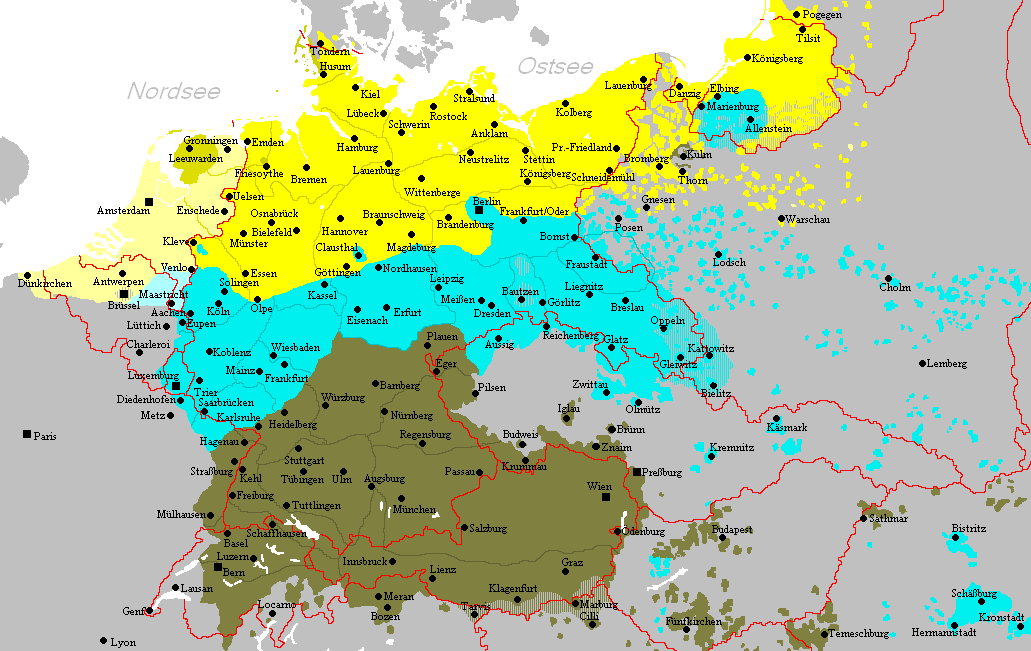 Mapa antiguo de los dialectos alemanes, con el norte en amarillo, el centro en azul claro y el sur en verde oliva.